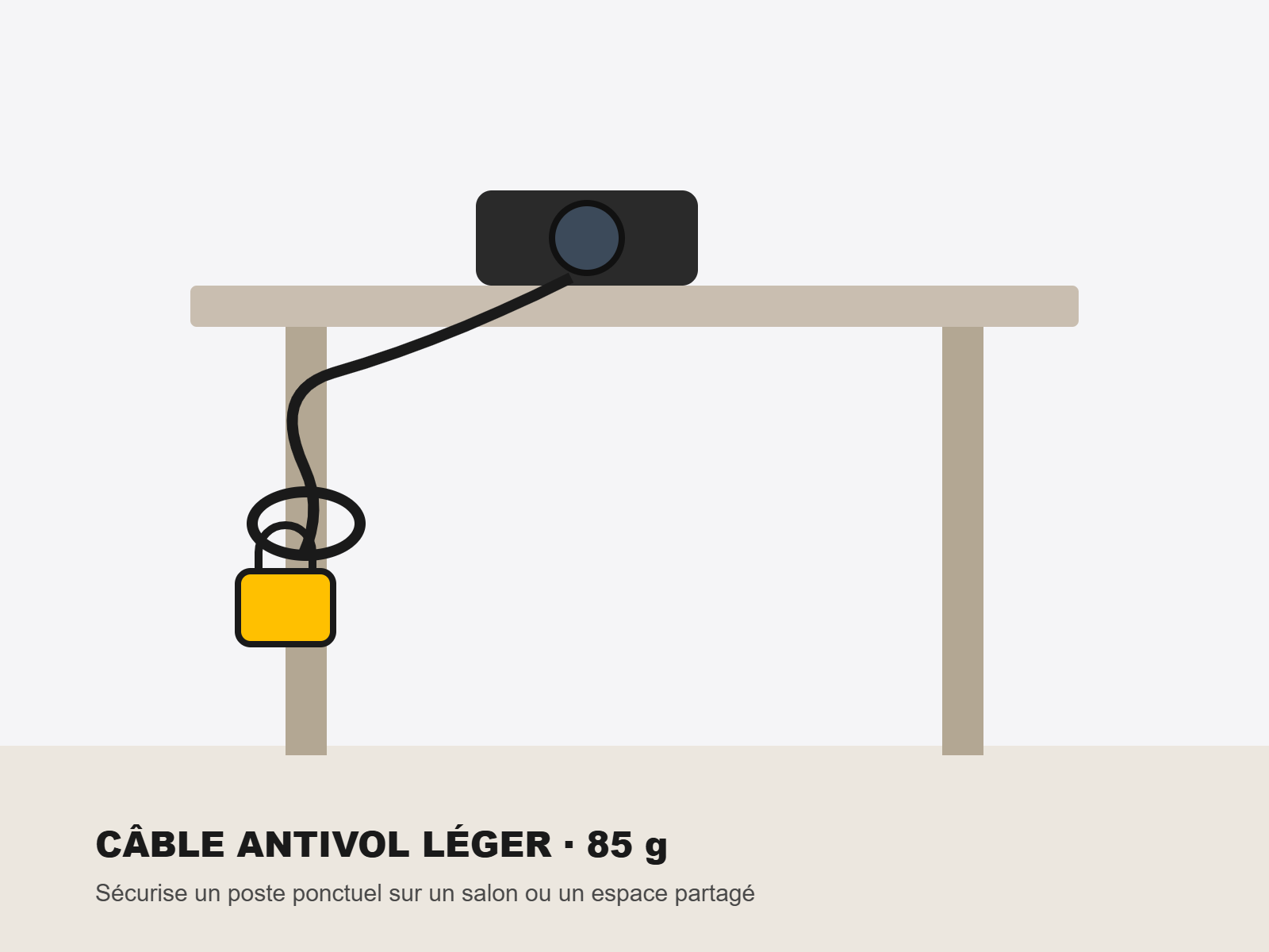 C&acirc;ble antivol l&eacute;ger fix&eacute; &agrave; un pied de table sur un salon